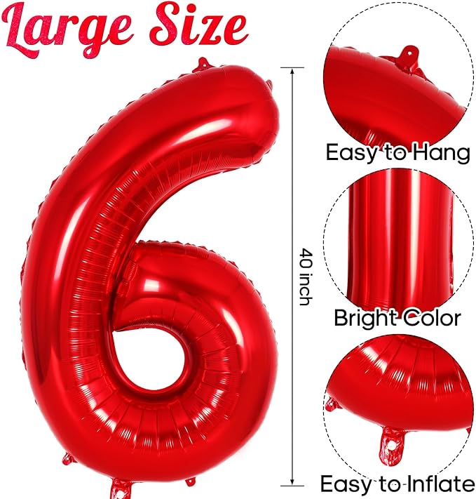 Red Number 6 Balloon 40 Inch, Big Large Foil Helium Number Balloons, Jumbo - Image 3