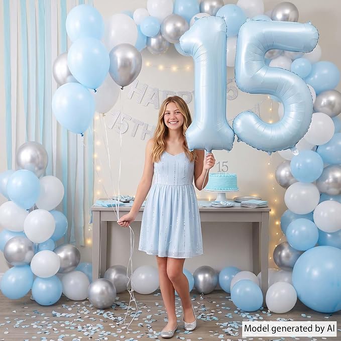 Baby Blue Number 15 Balloon 40 Inch, Foil Sky Pastel Digits Party Supplies | - Image 6