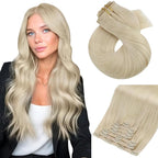 Moresoo Golden Platinum Blonde Clip in Hair Extensions Real Human Hair Seamless Pu Weft Real Hair Extensions Clip in Remy Human Hair Blonde for Women Short Invisible 120g/7pcs 14 inch