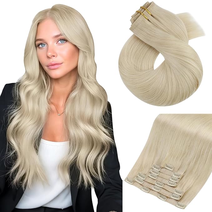 Moresoo Seamless Platinum Blonde Human Hair Clip in Extensions Blonde Real Hair Extensions Clip in Human Hair Invisible Pu Weft Straight 120g/7pcs 16 in