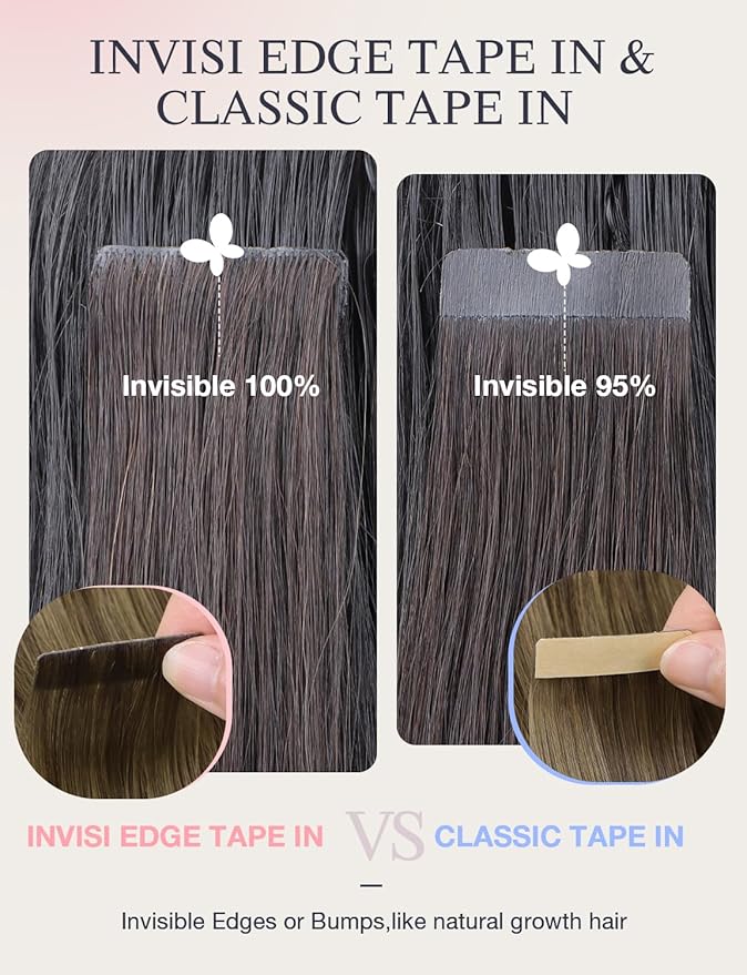 DOORES Invisi Edge Hair Extensions Real Human Hair Tape in, Ash Brown to Platinum Blonde 10 Injection Tape-ins with 10 Classic Tape-ins 50g 16 Inch, Injection Tape in Virgin Human