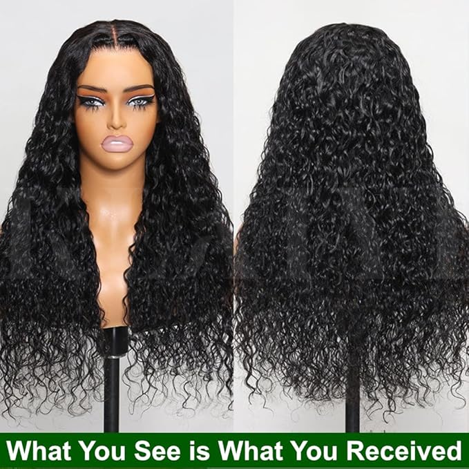 KLAIYI Bye Bye Knots Glueless Wig Pre Cut Water Wave HD Lace Front Wigs Human Hair Pre Bleached Pre Plucked Ready to Go Wigs for Women 30S Easy to Wear Put On and Go Curly Wig Beginner Friendly 18Inch