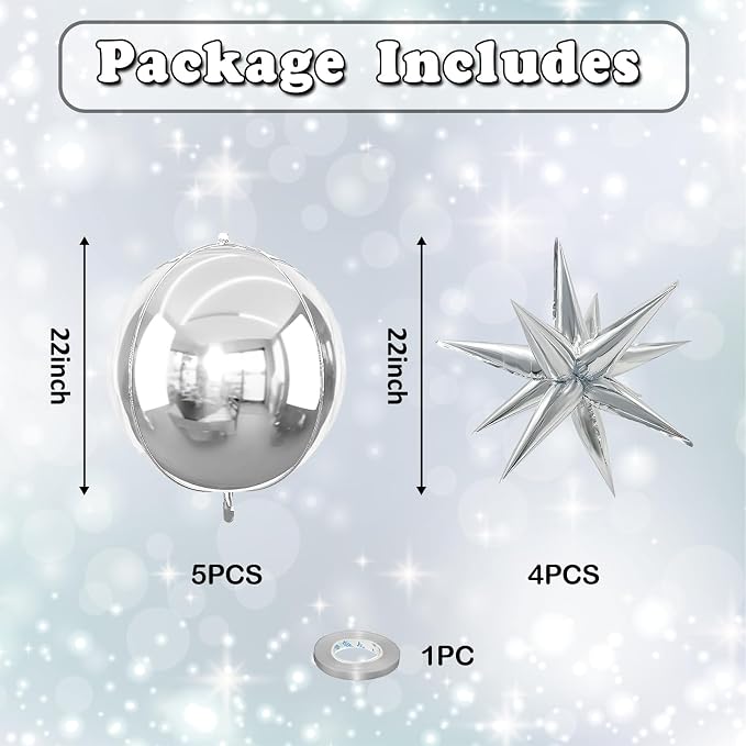 9 Pcs Silver Round Foil Balloons and Star Balloons 22/18 4D Ball Balloon - Image 2