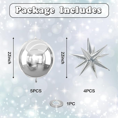 9 Pcs Silver Round Foil Balloons and Star Balloons 22/18 4D Ball Balloon - Image 2
