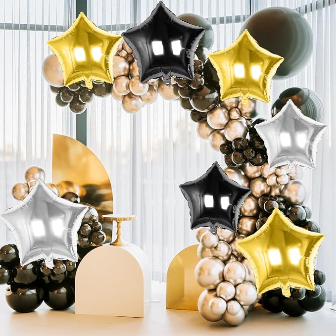Black Gold Silver Star Foil Balloons, 18 Inch Metallic Black and Gold Stars - Image 5