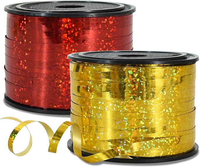 BEISHIDA 2 Pack 100 Yards Red Gold Ribbon Curling Crimped Glitter Balloon by Beishida