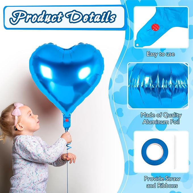 12 Pcs Blue Heart Balloons, 18 Inch Heart Foil Balloons Love Balloon Valentine - Image 5