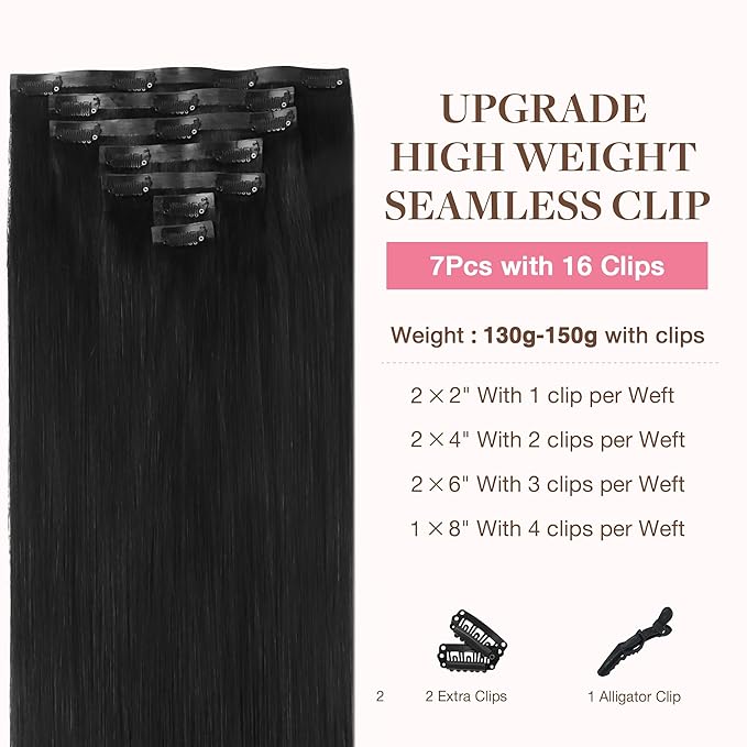 GOO GOO Clip in Hair Extensions Real Human Hair, Remy Human Hair Extensions Clip ins for Women, Natural Human Hair, 24inch 160g 7Pcs, 1B Natural black