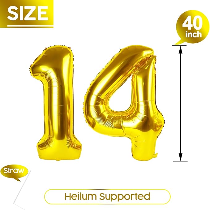 14 Balloon - Gold Birthday Number Balloons, 40 Inch Decorations Men Women | - Image 5