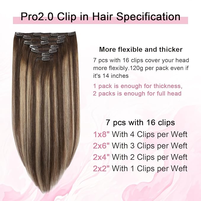 Pro2.0 Remy Real Human Hair Extensions Clip ins 120g Thick 7pcs #4/27/4 Chocolate Brown to Caramel Blonde Remy Clip in Hair Extensions Real Human Hair 16inch Double Weft（#4/27/4-16inch）