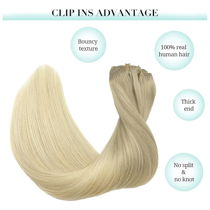 DOORES Hair Extensions Clip in Human Hair, 3pcs 65g 18 Inch Balayage Ash Blonde to Golden Blonde and Platinum Blonde Clip in Hair Extensions Straight Natural