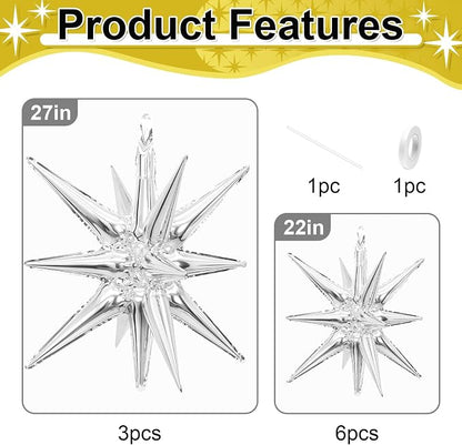 9Pcs Silver Star Balloons, Large Explosion Star Foil Balloons, Metallic Silver - Image 2