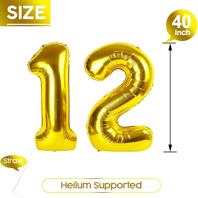 12 Balloon - Gold Birthday Number Balloons, 40 Inch Decorations Men Women | - Image 5