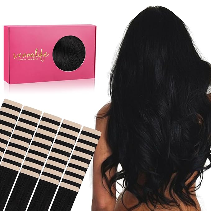 WENNALIFE Tape in Hair Extensions Human Hair, 40pcs 80g 12 inch Jet Black Hair Extensions Real Human Hair Straight Tape in Extensions Invisible Human Hair Extensions Reusable Real Hair Extensions