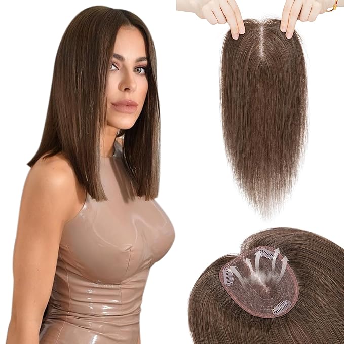 Hairro 100% Human Hair Topper No Bangs, Real Clip in Hair Hairpieces for Women, 3.94x4.72" Silk Base for Thinning Receding High Hairline, 10 Inch Dark Brown Middle Part