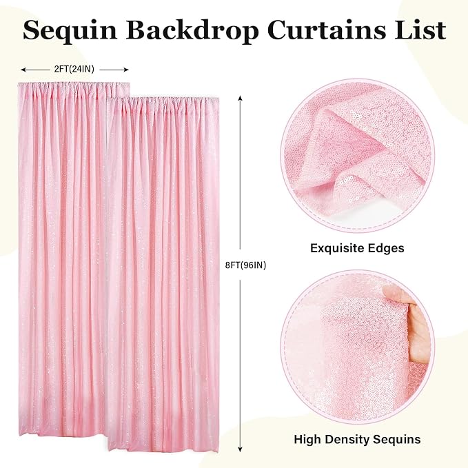 PartyDelight Pink Sequin Backdrop Curtains 2x8ft 2 Panels | Sparkly 3mm sequins - Image 2