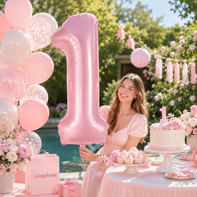 Pastel Pink 1 Balloons, 40 Inch Giant Light Pink Helium Foil Number 0-9 - Image 5