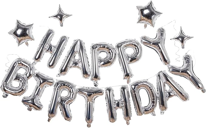 Silver Happy Birthday Banner Balloon Aluminum Foil 16 Inch Letter, 10 Inch Five - Image 7
