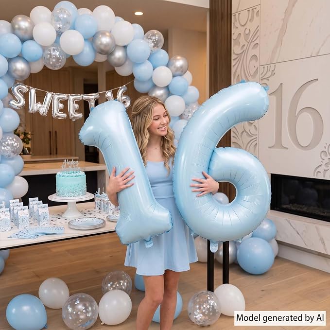 Baby Blue Number 16 Balloon 40 Inch, Foil Digits Theme Party Supplies | Elegant - Image 2