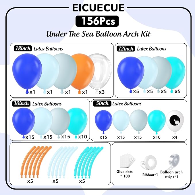 Under The Sea Balloon Arch Kit -156Pcs Blue Teal Dusty Blue Orange Long Balloon - Image 2