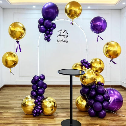 9 Pcs Purple Gold Round Foil Balloons Dark Purple Metallic Gold Chrome 4D Ball - Image 7