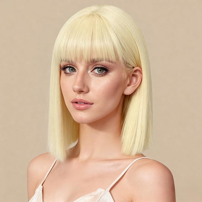 Allbell Platinum Wigs for Women Short Bob with Bangs Heat Resistant Synthetic Hair 12 inch for Daily Party Halloween Costume Use