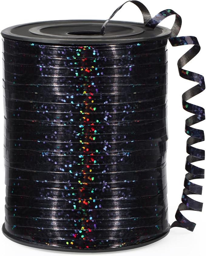 Black Curling Ribbon, 500 Yard, Shiny Metallic, Laser Thin, Celebratory by OMISELIO