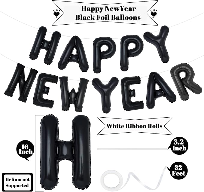 PIGETALE Black Happy New Year Balloons, 16 Inch Letter Balloons Happy New Year - Image 2