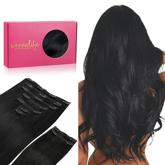 WENNALIFE Clip in Hair Extensions Real Human Hair, 22 Inch 150g 9pcs Human Hair Extensions Clip In Human Hair, Jet Black Hair Extensions Clip In Real Hair Coloured Remy Human Hair Extensions