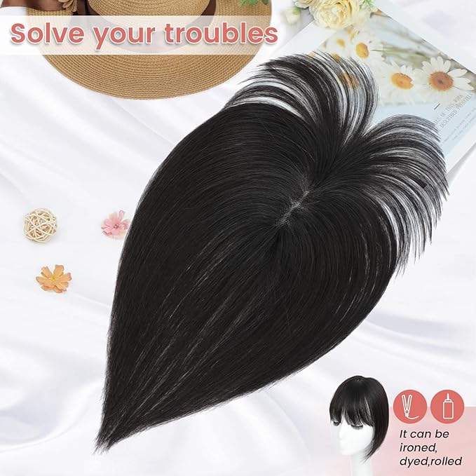 YAMI Hair Toppers for Women Real Human Hair Toppers for Women with Thinning Hair Topper with Bangs and All Hand-woven Swiss Base (Natural Black)