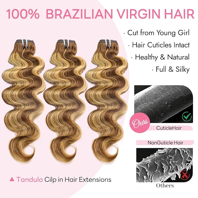 Clip in Hair Extensions Real Human Hair Body Wave #4/27 Chocolate Brown to Honey Blonde 100% Brazilian Remy Human Hair Extensions 8pcs Per Set with 18 Clips Double Weft 16 Inch 70g/3.6oz