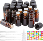 BENECREAT 24 Packs 5ml Brown Glass Essential Oil Bottles with Orifice Dropper Reducer, Plastic Droppers, Hoppers and Labels for Aromatherapy Fragrance Cosmetic Oils