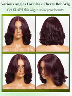 KLAIYI Black Cherry Bob Loose Body Wave Precut 7x5 HD Lace Front Wigs Human Hair Glueless Bye Bye Knots Drawstring Red Burgundy Wig with Curtian Bang Pre Plucked Bleached Ready to Put On And Go 10Inch