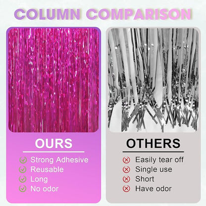 Voircoloria Pink Foil Fringe Backdrop Curtains, 3 Pack | Tinsel Streamers - Image 5