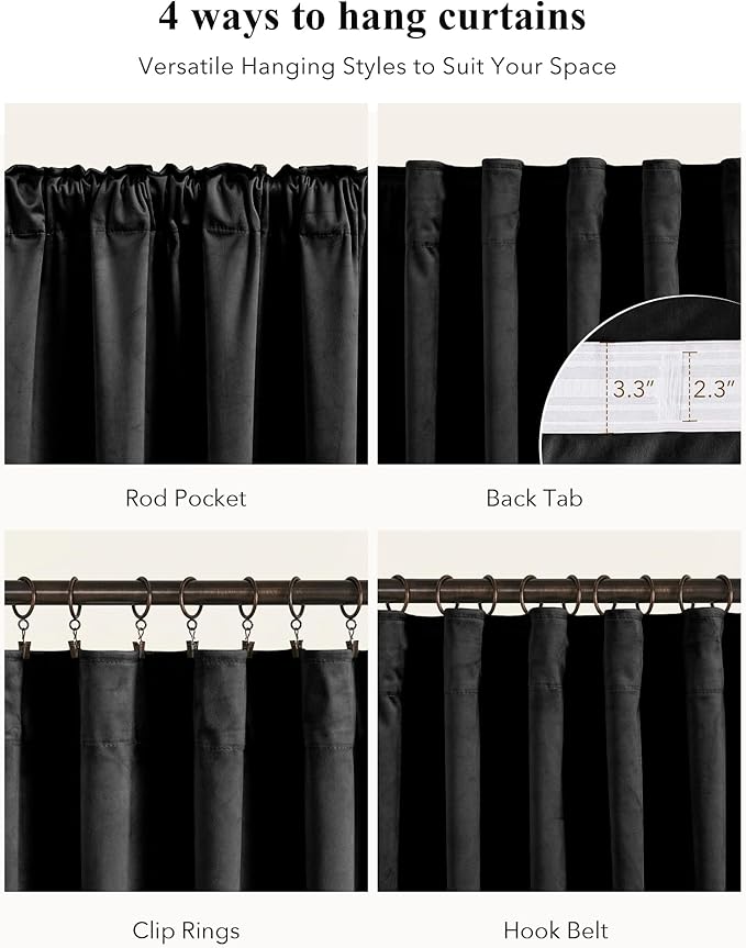 Blackout Black Velvet Curtains Extra Long Theater, Back Tab Pinch Pleat - Image 2