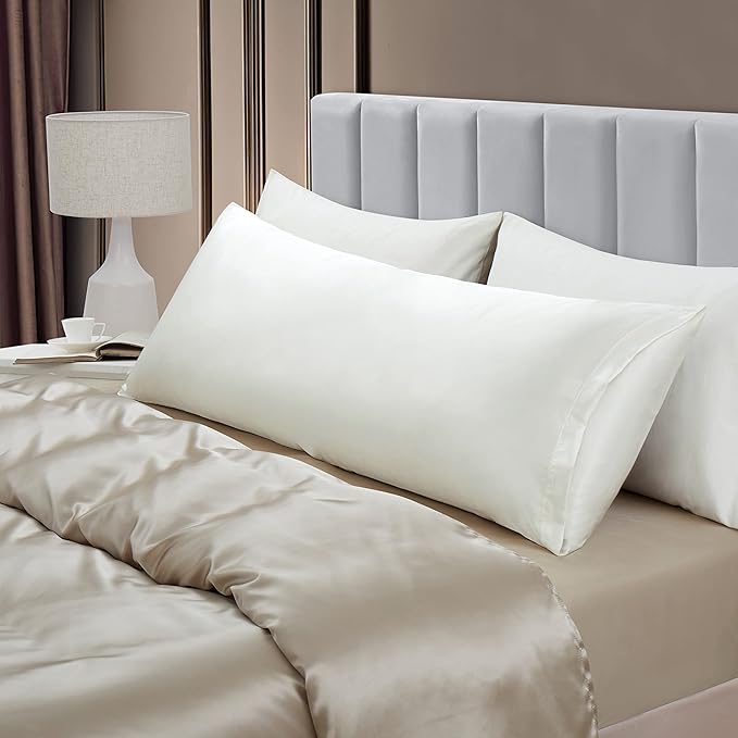Aormenzy Satin Body Pillow Cover Set of 2, 20x54 Inches White Body Pillow Case for Adults, Silky Soft & Cooling with Envelope Closure
