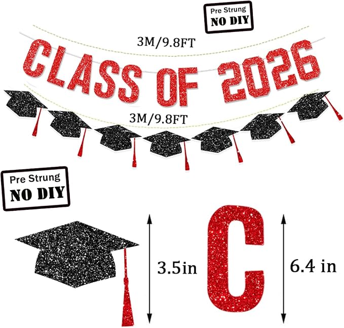 Pre Strung Graduation Decorations Class of 2026 Banner Red Glitter College - Image 3