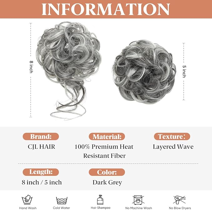 CJL HAIR 2PCS Messy Bun Hair Pieces Wavy Curly Synthetic Updo Chignon Fake Scrunchies Ponytail Extension for Women Dark Grey