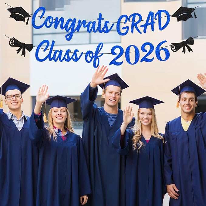 Blue Graduation Decorations 2026, Glitter Black and Blue Congrats Grad Banner - Image 3