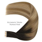 WENNALIFE Tape in Hair Extensions Human Hair Dark Brown to Chestnut Brown and Dirty Blonde Highlighted, 10pcs 30g 26 inch Remy Invisible Tape Ins Straight Colored Soft Refill Set