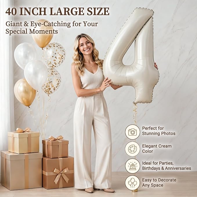 CARGEN 40 Inch Creamy White Number 4 Balloon Boho Neutral Party Decoration | - Image 2