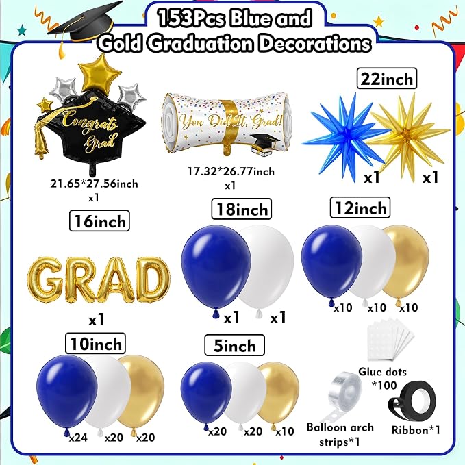 Royal Blue and Gold Graduation Balloons Garland Arch Kit 153Pcs, Graduation - Image 2