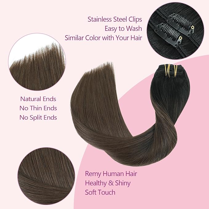 PINKPEARL Clip in Hair Extensions, 22 Inch 7pcs 120g #1BT4 Balayage Natural Black to Chocolate Brown, Hair Extensions Real Human Hair Clip Ins Natural Straight Hair for Women(#1BT4-22)