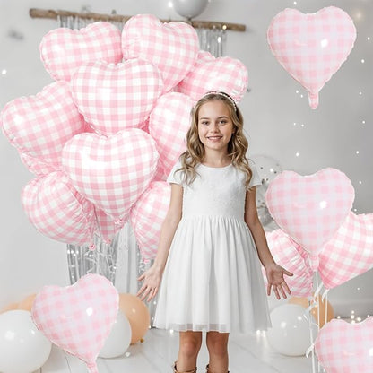 Pink White Checkered Heart Balloons, 18 Inch Lattice Foil Valentines Balloons - Image 4