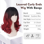 Wig with Bangs for Women | 16 Inch Layered Body Wave Synthetic Wig | Heat Resistant Yaki Fiber Natural Looking Shoulder Length Wigs | Synthetic Wig for Daily Wear - Ombre Black to Burgundy