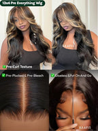 KLAIYI Bye Bye Knots Glueless Wig Human Hair 13x4 Balayage Highlight 3D Body Wave Precut Lace Front Wig with Baby Hair Black Mix Blonde Brown Pre Plucked Pre Bleached Knots Wig 30S Easy to Wear 22Inch