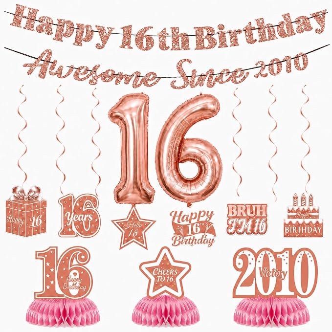 16th Birthday Decorations For Girls, Pre-Strung Rose Gold Happy 16th Birthday & by Unknown