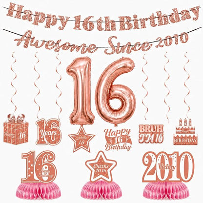 16th Birthday Decorations For Girls, Pre-Strung Rose Gold Happy 16th Birthday & by Unknown