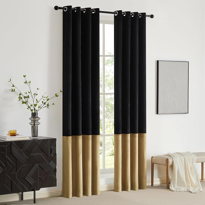 BULBUL Black Gold Color Block Window Curtains Panels 90 inches Long Velvet - Image 6