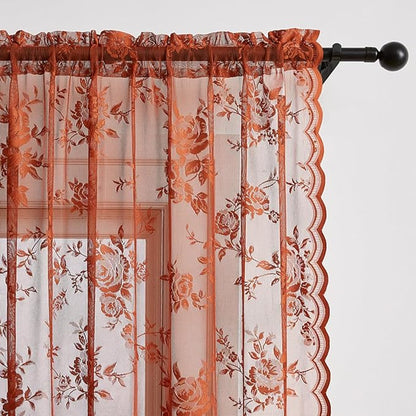 Terracotta Lace Curtains 102 Inches Long Rust Country Floral Sheer Curtains - Image 3